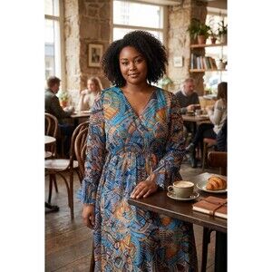 Ashro Dress Plus Size XL Abstract Maxi Midi Ruffle Sleeves Lined Flowy